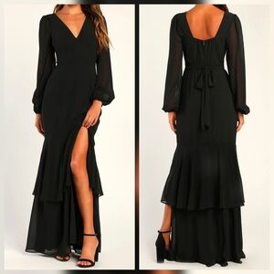 Lulus Tier Elegance Black Long Sleeve V-Neck Tiered Maxi Dress, Size Medium